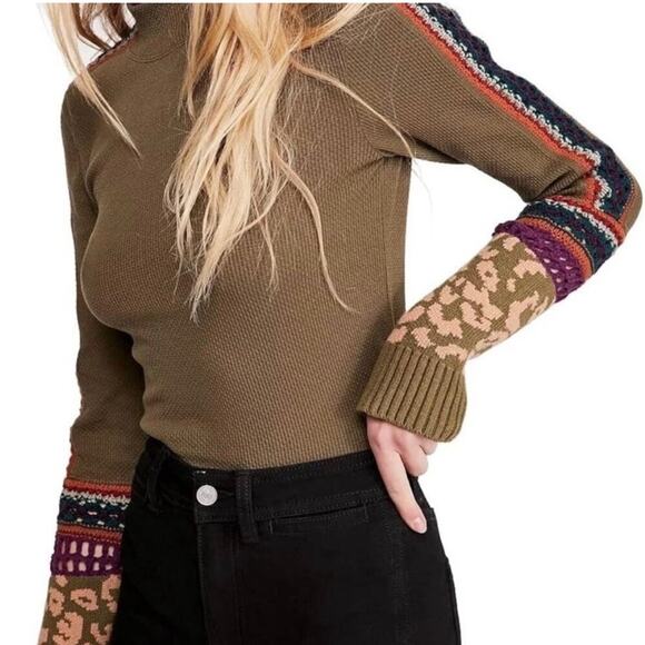 Free People Switch It Up Thermal long sleeve top olive green crochet sleeve boho - Picture 2 of 11
